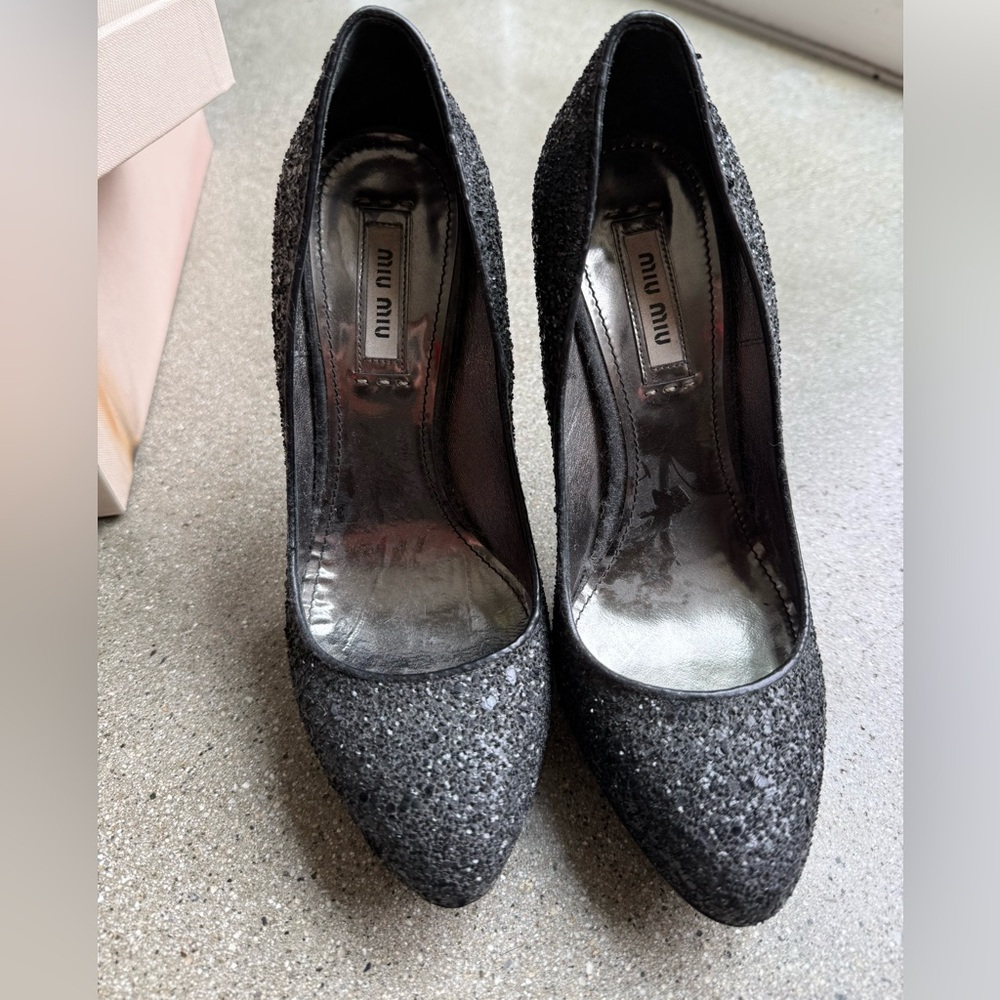 Miu Miu Black and Silver Glitter Pumps